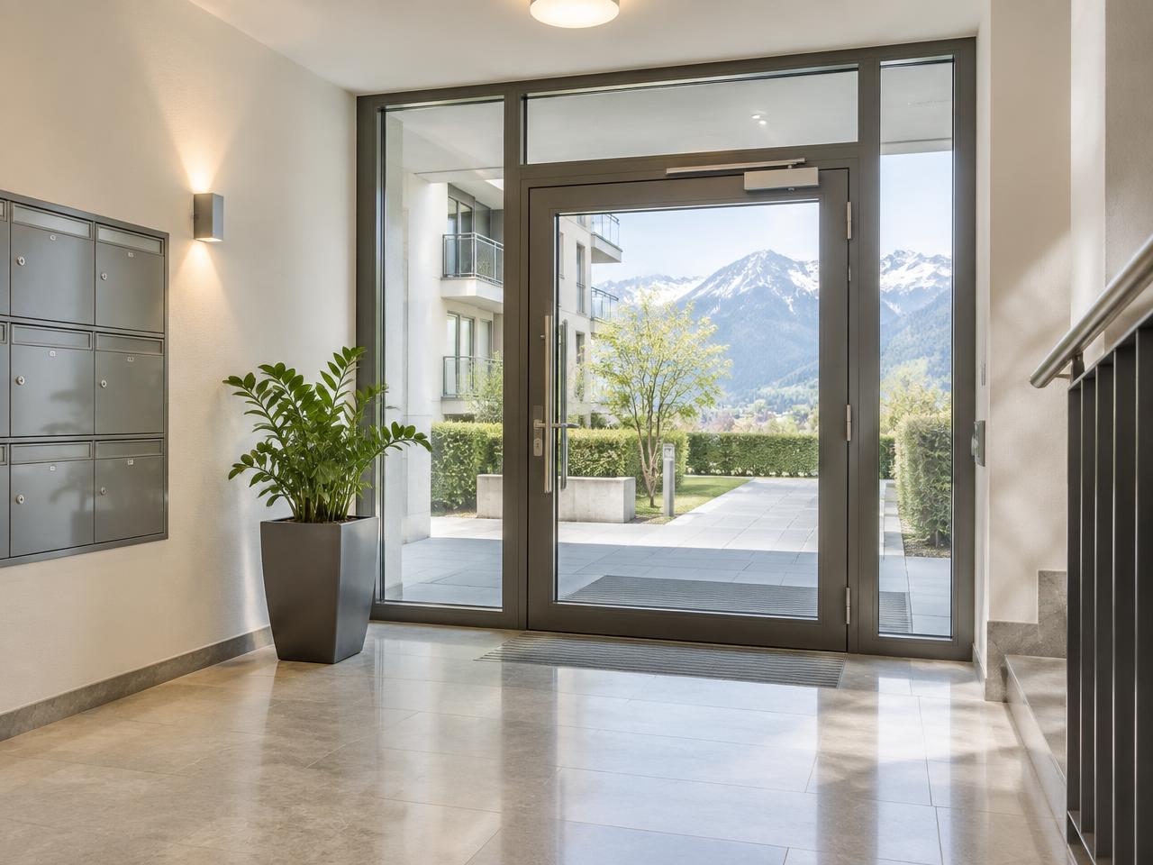 Hall d'entrée d'immeuble avec porte vitrée
